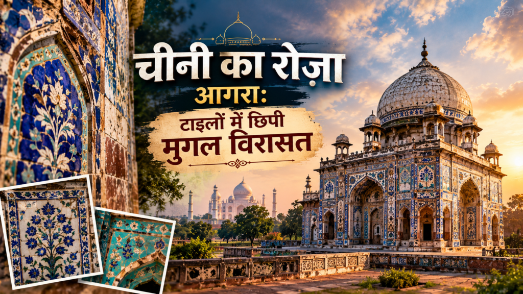आगरा के चीनी का रोज़ा मकबरे की बाहरी दीवार पर बची नीली और फ़िरोज़ी सजावटी कला।